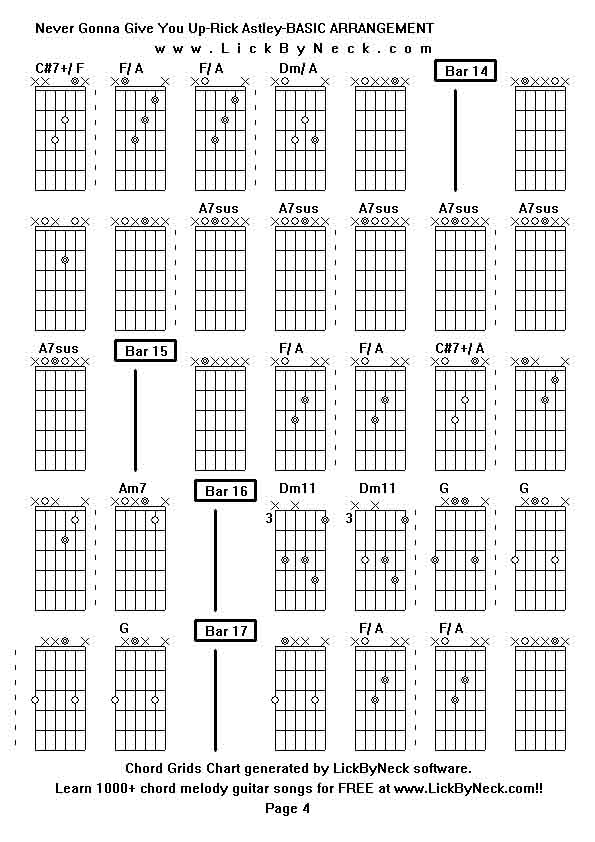 Chord Grids Chart of chord melody fingerstyle guitar song-Never Gonna Give You Up-Rick Astley-BASIC ARRANGEMENT,generated by LickByNeck software.